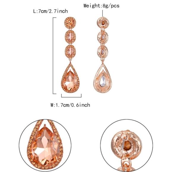 Rose Gold with Peach Morganite Crystal Teardrop Halo Chandelier Post Earrings - Picture 6 of 6